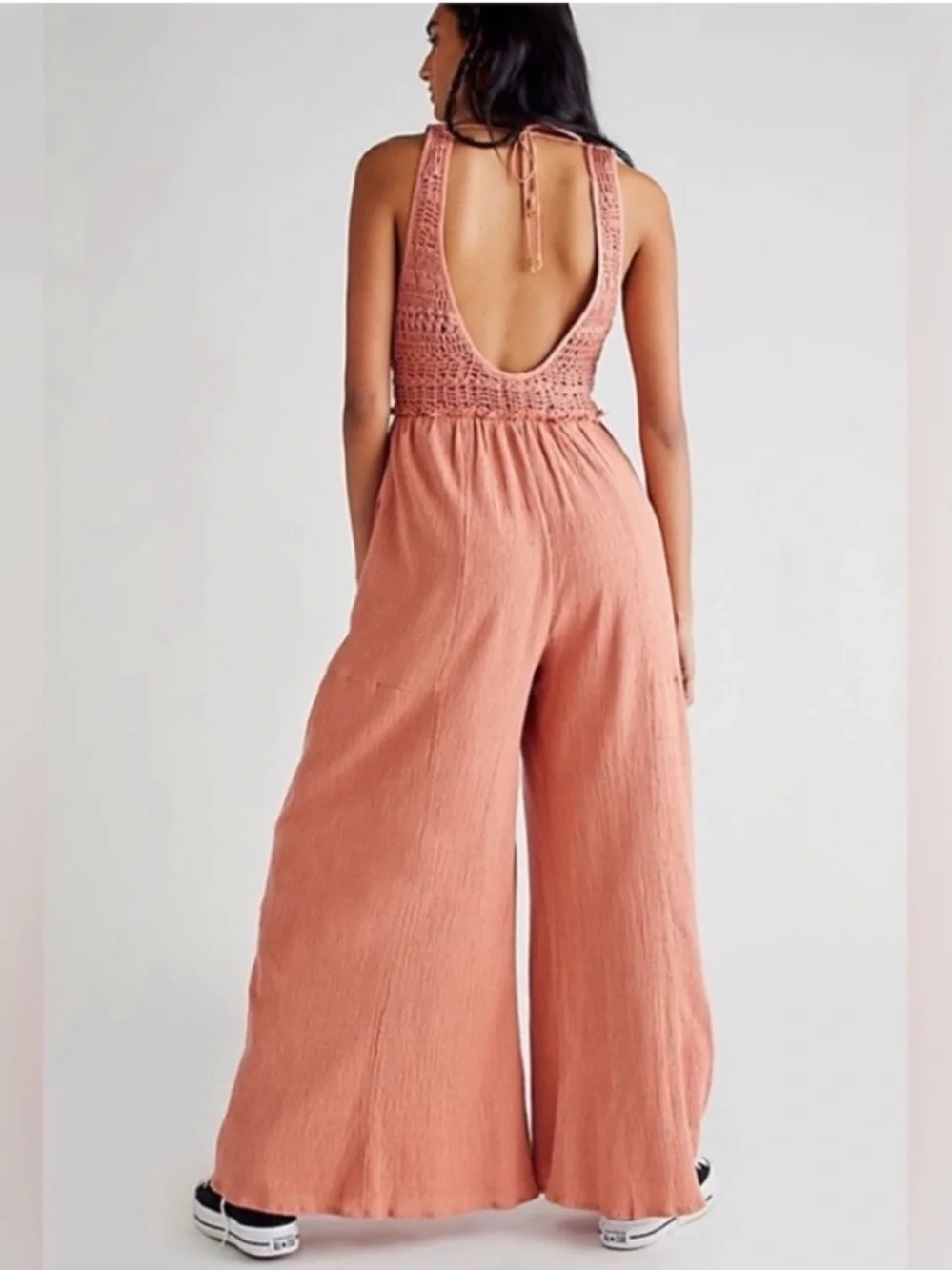 Free People Soleil Jumpsuit Crochet Wide Leg Open Back Boho Peach Size M NWT
